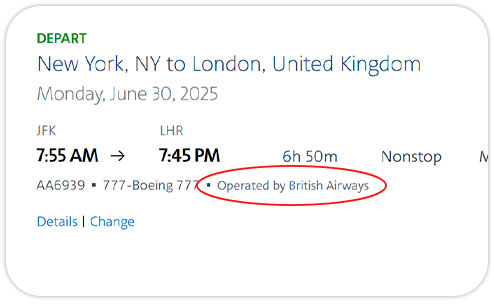 'Operated by' example from aa.com